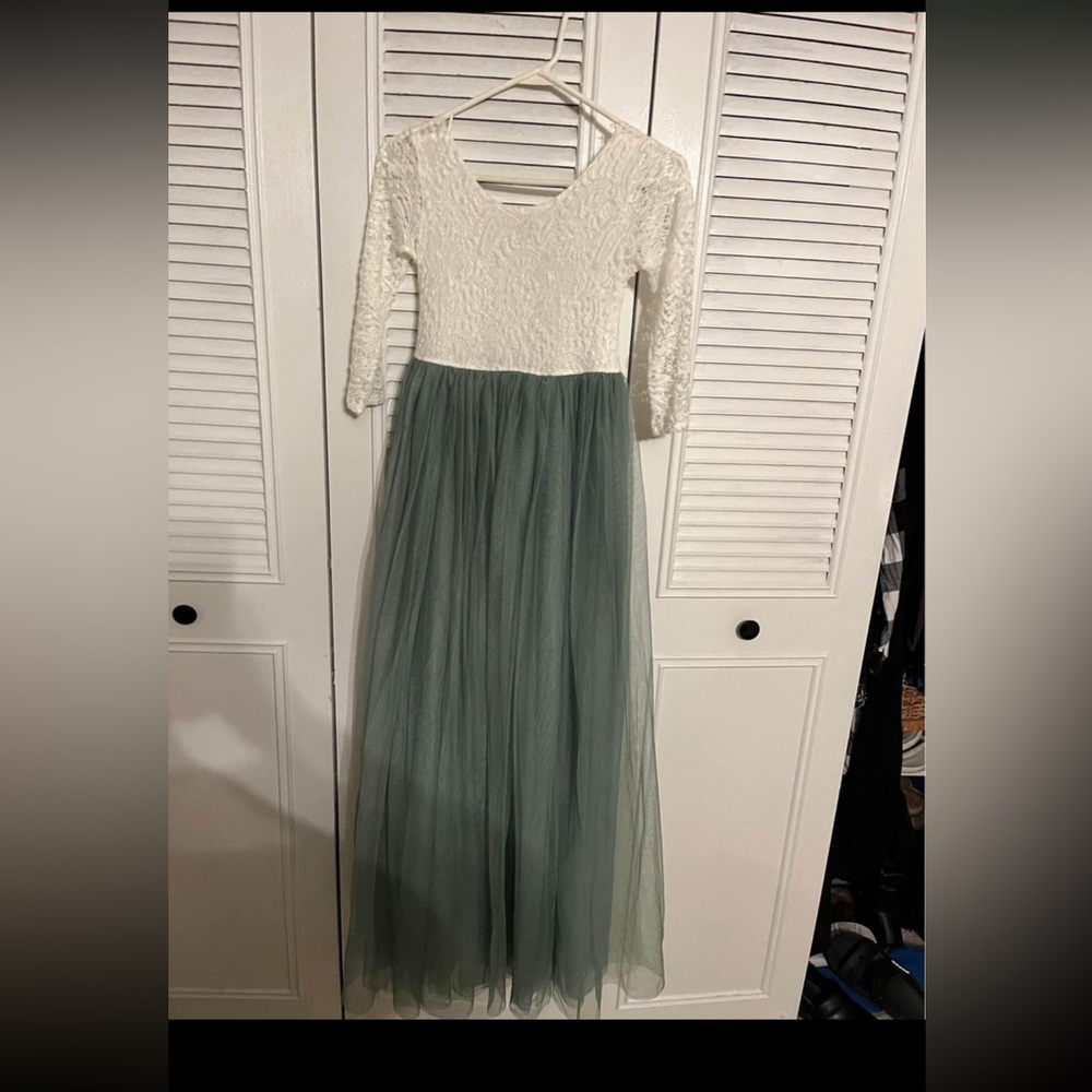 Lace Back, A-line, straight, tulle sage green bottom girls dress, size 12-14